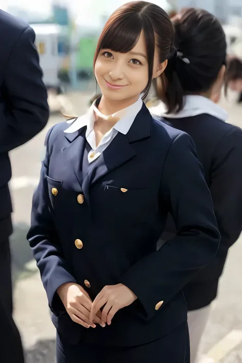 (masterpiece:1.2, Best Quality:1.2), 32K HDR, High resolution, (Alone、1 girl)、（On the roof of a building during the day、Professional Lighting）、Building rooftop background、（Japan Air System cabincrew Uniformを着たリアルスタイル）、（（Japan Air System cabincrew uniform j...