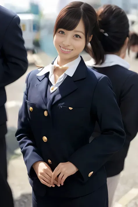 (masterpiece:1.2, Best Quality:1.2), 32K HDR, High resolution, (Alone、1 girl)、（On the roof of a building during the day、Professional Lighting）、Building rooftop background、（Japan Air System cabincrew Uniformを着たリアルスタイル）、（（Japan Air System cabincrew uniform j...