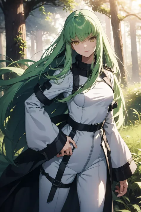  c.c,1girl,solo,mature,light green hair,long hair,bangs,looking at viewer,closed mouth,white bodysuit,straitjacket,very long hair,upper body BREAK outdoors,forest,purple tree,blue sky,purple flowers,flowers everywhere,flower_field,   Standing with hands on...