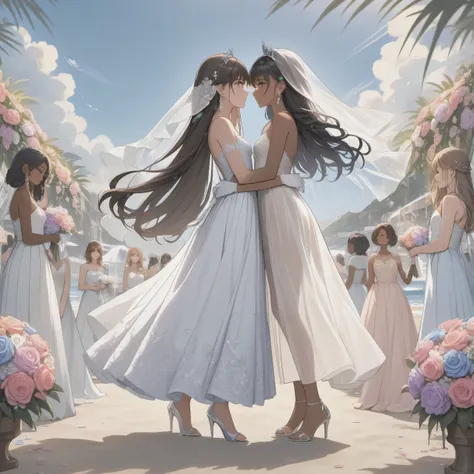 Two Brides:
first woman with a sleeveless wedding dress, lace top, with trans flag colors(blue, white, pink), black eyes,(((brown skin))), transparent wedding veil, wearing white finger gloves, purple tiara, long wavy black hair, wearing silver high heels ...