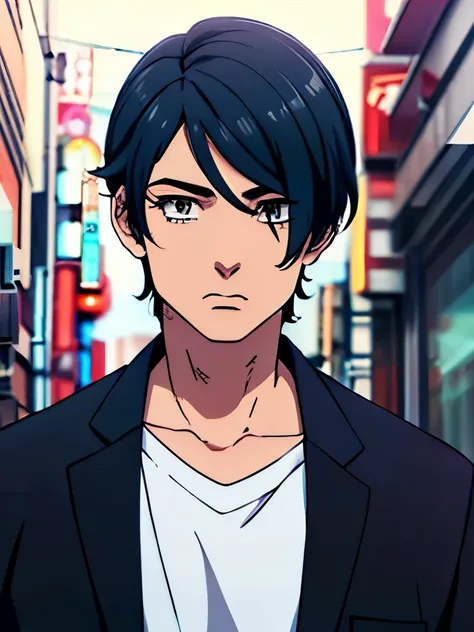 um oc de tokyo revengers, a boy, with blue eyelashes and long black hair, piercing in the mouth and both ears