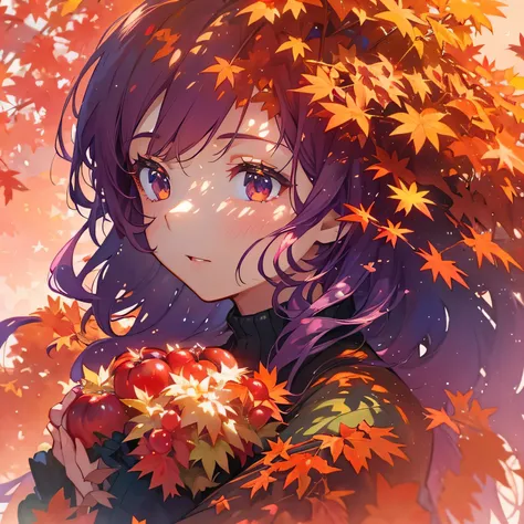 A young girl in autumn, surrounded by vibrant red maple leaves, holding a ripe apple and a bunch of purple grapes, soft lighting, watercolor style, warm colors, detailed illustration