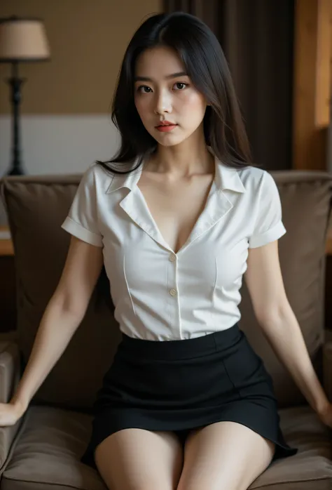 A photo of Thai women Age 20 years, black pencil mini skirt,short-sleeved line shirt white,open legs on chair, living room,((spread her legs)), see upskirt panties,beauty Thai girl , Thai university uniform