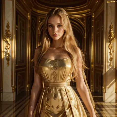 A beautiful young Russian woman with long golden blonde hair, detailed beautiful eyes, detailed beautiful lips, a sexy figure, full body shot, wearing a long pleated luxury cream colored dress, in the Palace of Versailles, (best quality,4k,8k,highres,maste...