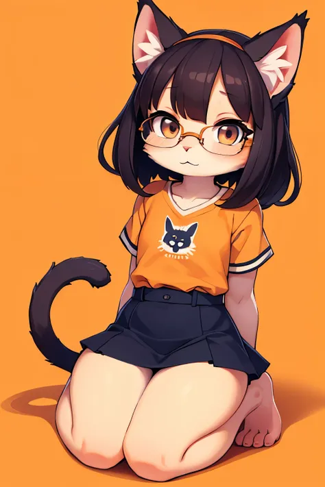 Young cat girl, ultra cute, adorable, moe, fluffy, barefoot, (cub), (flat body), small, orange background, glasses, megane