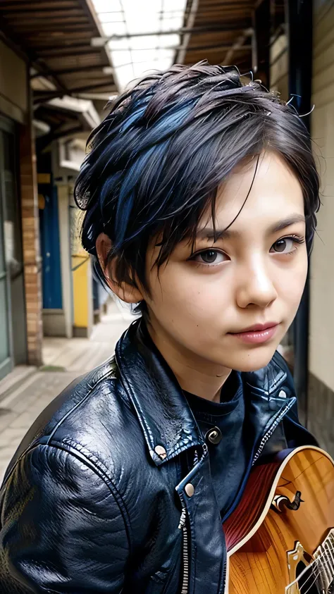  (Blue inner color hair、((Very Very Short Hair:1.5、Cecil Cut:1.5))、boyish:1.3)、View from the front:1.3、(Tokyo Street、Sit on a bench)、(Realistic、As shown in the picture、live-action、8k, Realistic, RAW Photos, Highest quality: 1.4), SLR camera、RAW Photos, Bes...