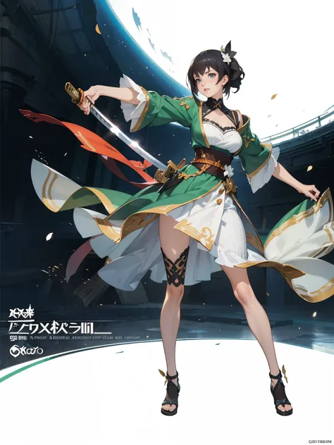 anime - style illustration of a woman in a green and white outfit, video game character, official character art, trending on cgstation, e-girl, cushart krenz key art feminine, full body, female action anime girl, katana action