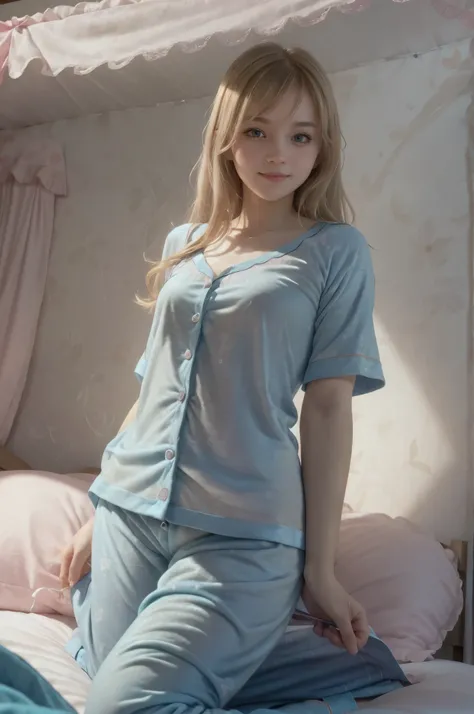 photo of mariya with long blonde hair, bang(petite:0.9), wearing (blue pajamas:1.3), on bed in a cute girly bedroom adorned with pastel hues and playful decor. The walls are painted in soft pinks or lavender, with a delicate floral or heart-patterned wall...