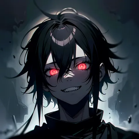 
a black themed anime boy, intense evil expression, twisted smile, , glowing eyes, messy black hair, dark clothing, dark moody atmosphere
