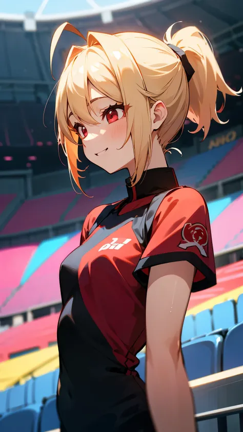 1 girl、anime drawings、blonde ponytail、ahoge、beautiful red eyes、smile、vibrant colors、small breasts、black sports shirt、black wrist...