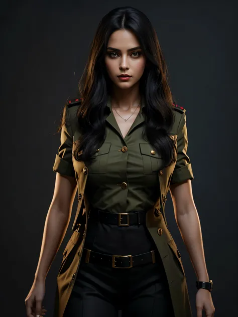 Gigantic breasts, 1girl, military, uniform, military uniform, solo, black hair, buttons, grey background, long hair, looking at viewer, lips, upper body, belt, simple background, realistic, arms at sides, jacket. (perfect details:1.1), (beautiful and clea...