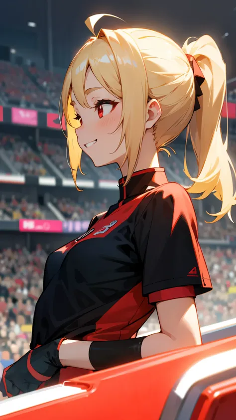 1 girl、Anime Drawings、Blonde ponytail、Ahoge、Beautiful red eyes、smile、Vibrant colors、Small breasts、Black sports shirt、Black Wristband、生意気なsmile、Grin、profile、Upper body close-up、Stadium stand seats background