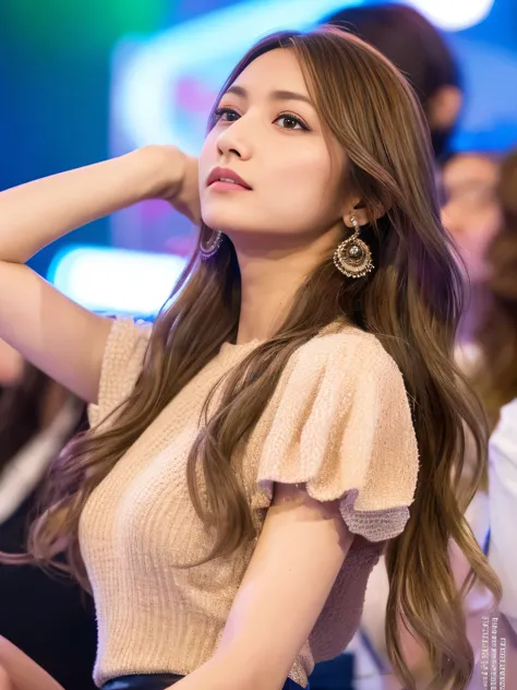 Realistic:1.37, masterpiece, Best Quality, RAW Photos, Absurd, One Girl, Wavy Hair, Brown Hair, Fascinating , Watching the audience, ,Intricate details, Detailed Background, Detailed skin, pore, High resolution, 