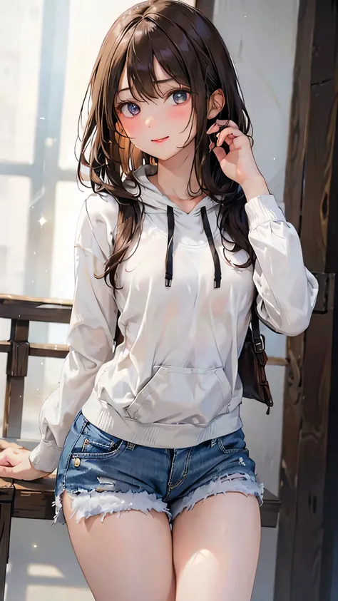 8k resolution,((Best Quality)),Ultra-high resolution,Adult women, Alone, sexy, (Serious expression), (Brown eyes), A beautiful, symmetrical face, (Brown curled half-up hairstyle),Decadent hoodie,messy white shirt,Denim shorts,Realistic:1.4,Realistic:1.4,(m...