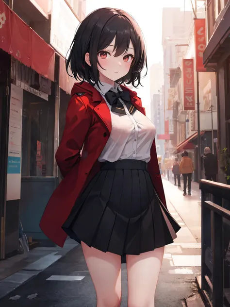 High resolution,masterpiece,Best Quality,Very detailed,nsfw,One girl,city, street,Place your arms behind your back, Black Skirt, Red coat, Eye focus,