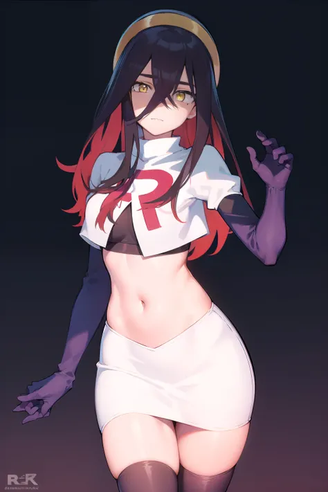 pokemoncarmine, pokemoncarmine, black hair, colored inner hair, crossed bangs, hair between eyes, hairband, long hair, mole, mole under eye, multicolored hair, red hair, sidelocks, two-tone hair, (yellow eyes:1.5), yellow hairband,
BREAK team rocket,team r...