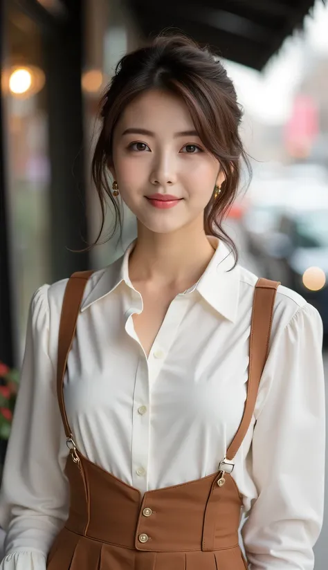 Portrait of a poised and elegant 27-year-old Korean woman, embodying grace and sophistication. Her hair is styled in a chic and timeless manner, perhaps with soft waves or a sleek bun, accentuating her refined features. She dons a sophisticated suspender s...