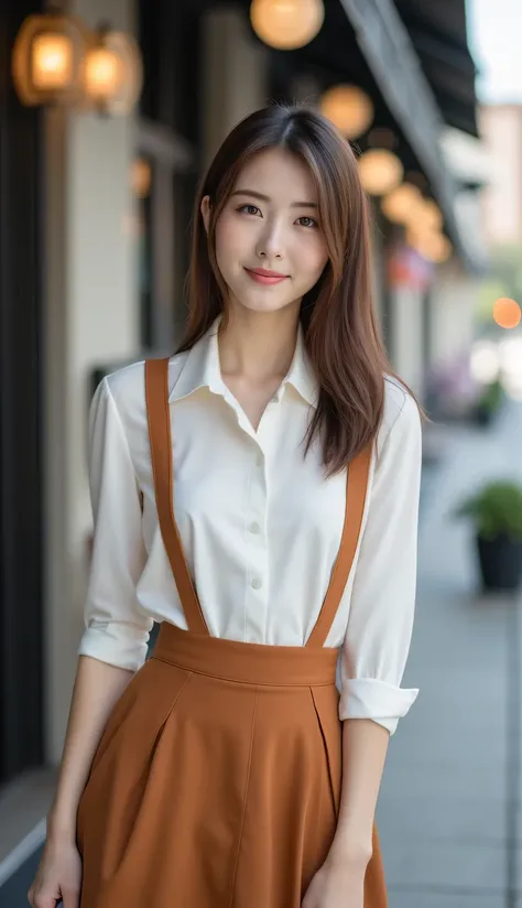 Portrait of a poised and elegant 27-year-old Korean woman, embodying grace and sophistication. Her hair is styled in a chic and timeless manner, perhaps with soft waves or a sleek bun, accentuating her refined features. She dons a sophisticated suspender s...