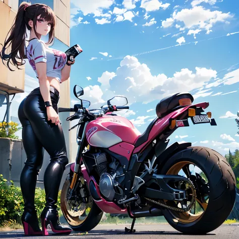 ((1girl, solo ,alone, (brown hair, Maki, 1girl, solo, ponytail, bangs, dark purple eyes, muscles), serious expression, smug, fitness)), ((solo, 1woman, pink lipstick, Extremely detailed, ambient soft lighting, 4k, perfect eyes, a perfect face, perfect ligh...