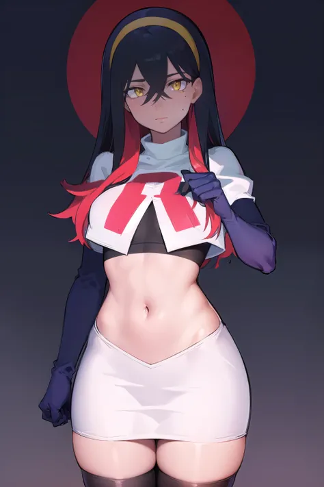 pokemoncarmine, pokemoncarmine, black hair, colored inner hair, crossed bangs, hair between eyes, hairband, long hair, mole, mole under eye, multicolored hair, red hair, sidelocks, two-tone hair, (yellow eyes:1.5), yellow hairband,
BREAK team rocket,team r...