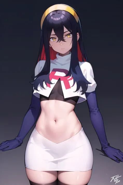 pokemoncarmine, pokemoncarmine, black hair, colored inner hair, crossed bangs, hair between eyes, hairband, long hair, mole, mole under eye, multicolored hair, red hair, sidelocks, two-tone hair, (yellow eyes:1.5), yellow hairband,
BREAK team rocket,team r...