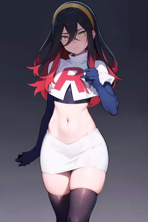 pokemoncarmine, pokemoncarmine, black hair, colored inner hair, crossed bangs, hair between eyes, hairband, long hair, mole, mole under eye, multicolored hair, red hair, sidelocks, two-tone hair, (yellow eyes:1.5), yellow hairband,
BREAK team rocket,team r...