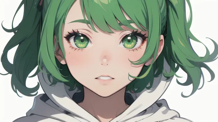 ((((ultra illustrated style:1.0)))),best quality, best animated, masterpiece, line art, 1girl, solo, lime green hair, one side up and green eyes, naughty face, hoodie, white background, looking at viewer, front view, from front, from head to toe, close up,...