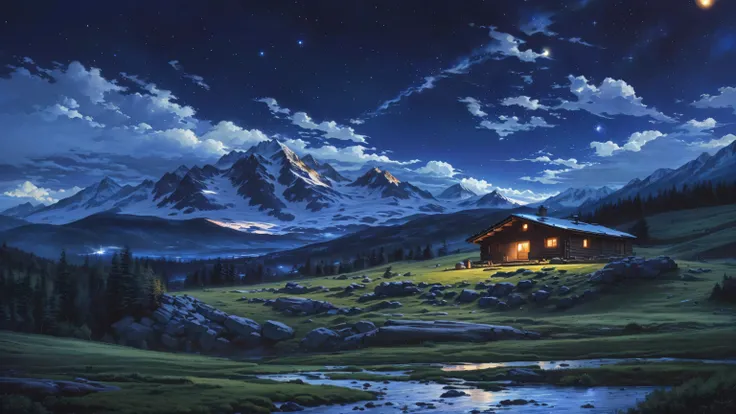 Starry night scene with mountain cabin and creek, log cabin beneath the alps, Starry Night Painting,  Paradise on Earth, Darrell K. Sweet, Night natural landscape, greg hildebraiew, Night view