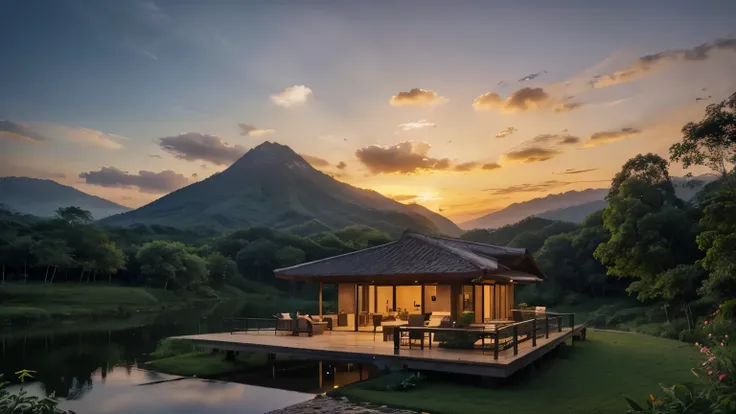 a luxury concept modern wooden building stone base , pond , mountain in back in Indonesia surrounded by lush greenery under a cloud with sunset near dark, fancy sky and harmony with nature ,and landscaping around the lake, in ultra HD resolution ( model Ve...