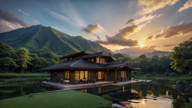 a luxury concept modern wooden building stone base , pond , mountain in back in Indonesia surrounded by lush greenery under a cloud with sunset near dark, fancy sky and harmony with nature ,and landscaping around the lake, in ultra HD resolution ( model Ve...