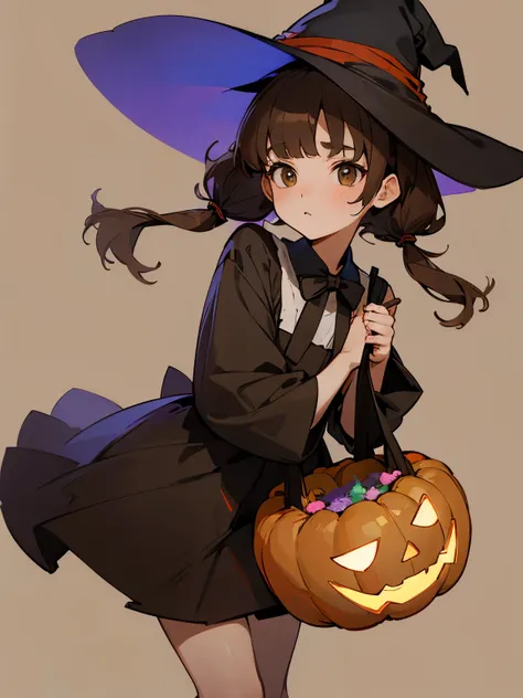 (Halloween)、Low twin tails、Brown Hair、Plain background、Medium Hair、（Witch&#39;s Clothes）、smile、Red Eyes、beautiful girl、Cute pose、Low twin tails、