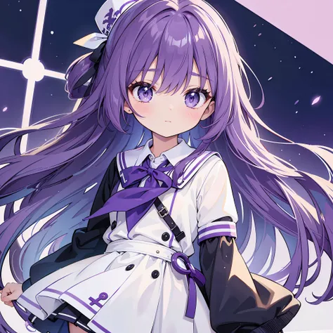 ((top quality)), ((complete)), (details),she has long purple hair, a soft expression, is about the height of a middle school stu...