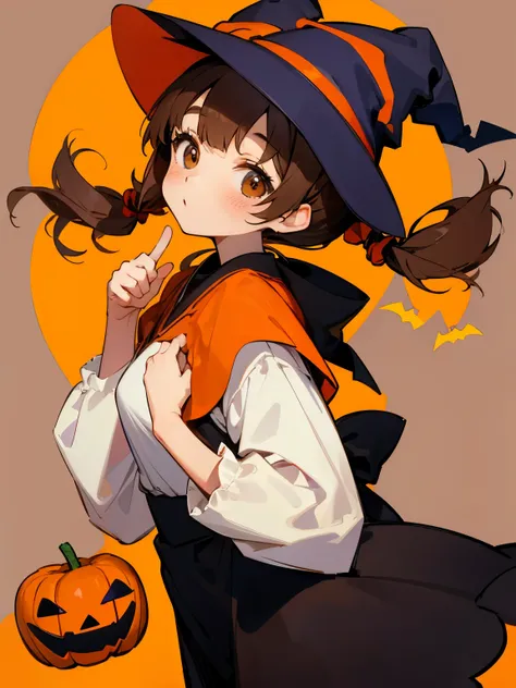 (Halloween)、Low twin tails、Brown Hair、Plain background、Medium Hair、（Witch&#39;s Clothes）、smile、Red Eyes、beautiful girl、Cute pose、Low twin tails、