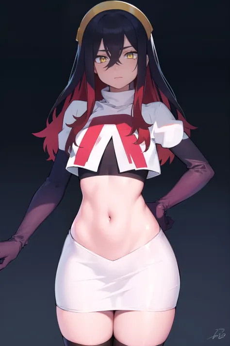 pokemoncarmine, pokemoncarmine, black hair, colored inner hair, crossed bangs, hair between eyes, hairband, long hair, mole, mole under eye, multicolored hair, red hair, sidelocks, two-tone hair, (yellow eyes:1.5), yellow hairband,
BREAK team rocket,team r...