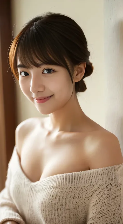 masterpiece,best quality,(Japanese girl),((Beautiful girl)),cleavage,(off shoulder:1.2),(perfect body beauty:1.2),(shy smile),From slightly above