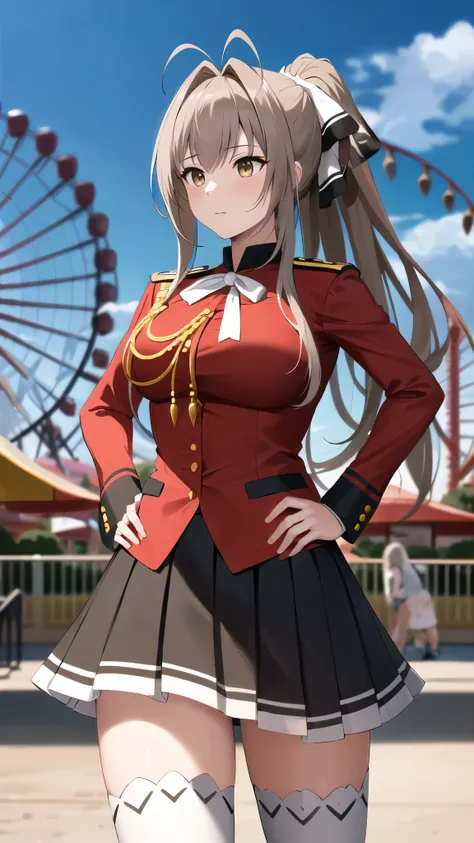 masterpiece, best quality, highres, aaisuzu, 1girl, ponytail, hair bow, brown eyes, uniform, red shirt, aiguillette, black skirt, white thighhighs, amusement park, standing, cowboy shot, hand on hip,
