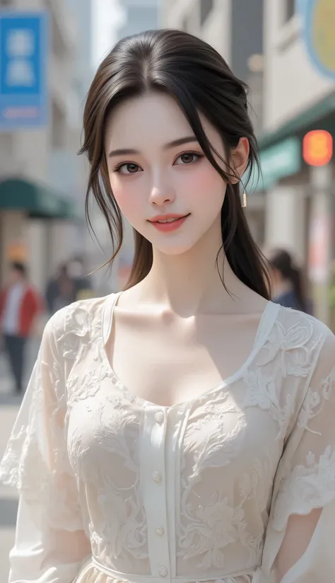 Portrait of a charming Korean woman in her late twenties, embodying a sense of elegance and a touch of sensuality. Her hairstyle is a classic ponytail, sleek and pulled back to accentuate her features, with soft, loose strands framing her face. She is dres...