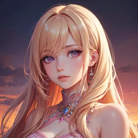 Best quality, best artist, best illustrator, highly detailed 8k CG wallpaper, best lighting, best painting coloration, a beautiful girl, long blond hair, dark pink eyes, beautiful, conveying emotions, delicate face, wearing a beautiful pink dress, in a wat...