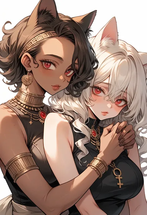 2 people in this image.  Almond-eyed Dark Mocha-skin tonned African-American woman with long dark curly hair, juicy lips, large Breasts, thick thighs, Perfect hands, and perfect feet. . She is accompanied by her friend, who is a Female albino Cat girl with...