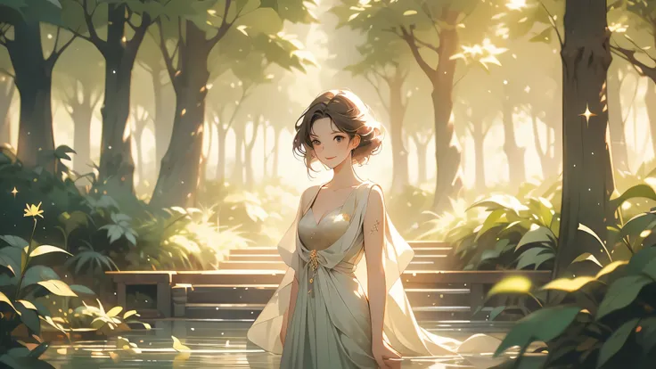 1 woman alone, cleavage, standing, looking at camera with flirtatious smile, featuring a serene forest with towering ancient trees, dappled sunlight filtering through the leaves, a gentle stream flowing through the scene; vibrant and warm color temperature...