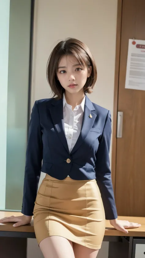 (masterpiece, best quality, 1girl, office lady, suit, A-line skirt, serious expression, short hair, upper body)