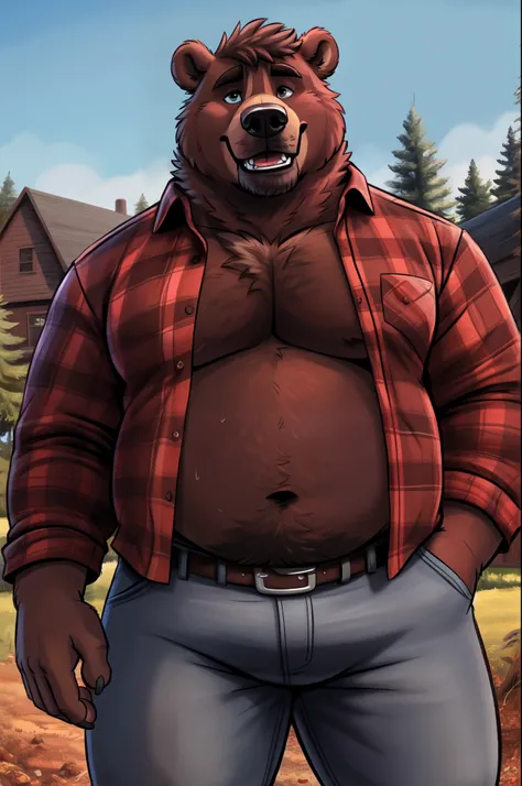 highest res, kodiak bear, anthro, 4 fingers, best most realistic detailed accurate blurred background, male aged in early 40s, chubby, chubby anthro, chubby male, tail, standing outside in best most realistic detailed accurate front yard of most realistic ...