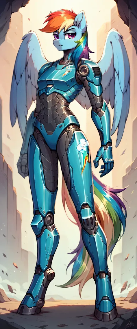 Full body image of a robot version of rainbow dash, anthropomorphic mare, in cyan futuristic armor, robotic anthro pegasus, glossy armor, streamlined cyan armor, detailed cyan armor, sleek, streamline armor, srendered in sfm