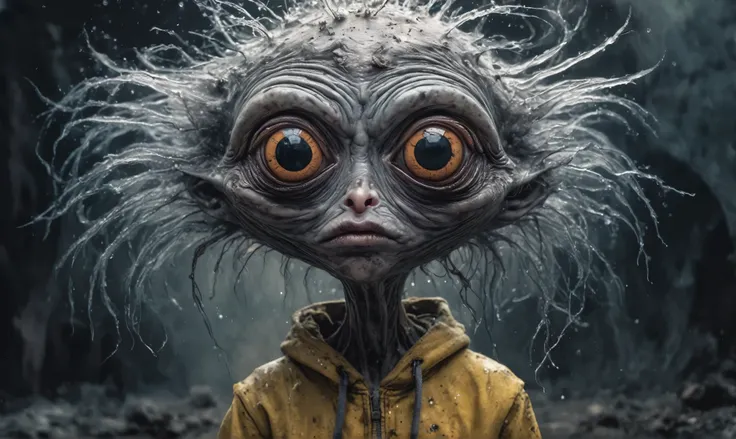 pretty face,eyebrow up,full body length, niobium ,angry fairy,full body length shot,very beggar niobium graphite The Alien Entity, babychild,starving, after war,full body shot, of psychedelic style ,The iris looks weird, attractive, The stars in space is r...