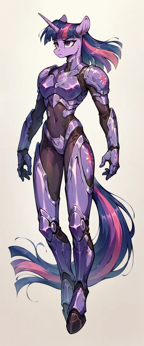 Full body image of a robot version of Twilight Sparkle, anthropomorphic mare, in purple futuristic bodysuit, robotic anthro unicorn, glossy armor, streamlined purple armor, detailed purple armor, sleek bright armor, sleek streamlined armor, rendered in sfm