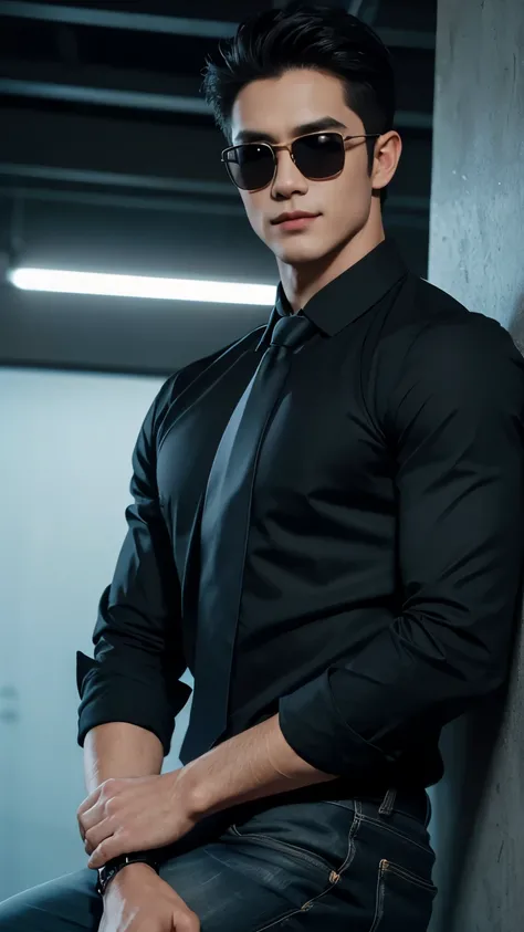 (Men)), (full body shot), (side view), (half body view), (Handsome muscular man in his 30s wearing black pilot sunglasses, and luxury blue shirt with necktie), zi wang (Prince chiu), Mischievous smile, (detail: 1 in 1), Natural muscles, HIG quality, beauti...