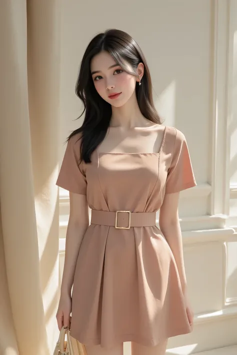 Portrait of a charming and stylish Korean woman in her late twenties, exuding a sense of effortless grace. Her hairstyle features the trendy air bangs, adding a playful touch to her otherwise elegant appearance. She is dressed in a form-fitting belted dres...