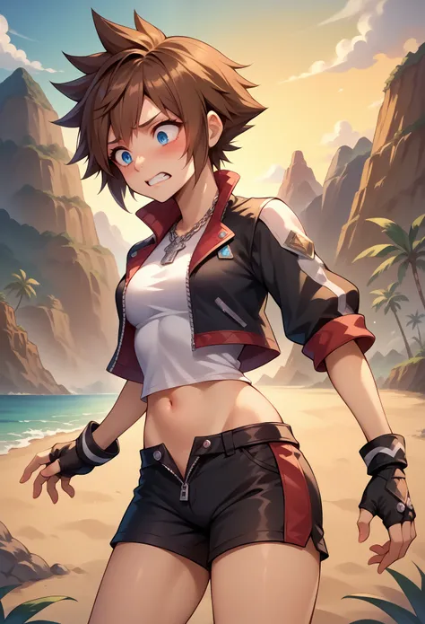 score_9, score_8_up, score_7_up, 1girl, solo, female focus, skinny, sora, spiked hair, brown hair, long hair, blue eyes, gloves, red details, white shirt, black jacket, black shorts, tight shorts, midriff, jewelry, fingerless gloves, zipper, partially unzi...