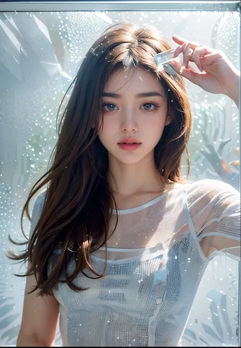  Ultra-high resolution，High-resolution details，Photo realistic,((Portrait through frosted glass:1.4)),22 years old,1 girl,super high quality,8k,((Face Focus:1.2)),thinウエスト,thin脚,Beautiful fingers((Super Realistic image quality)),Sale Eye Makeup,thin,Medium...