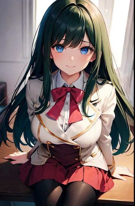 One girl, blue eyes, voluminous dark green hair, dark green hair highlights, long dark green straight hair, big droopy eyes, sparkling blue eyes, droopy eyes, uniform, light cream double suit jacket with cream color, dark red skirt, dark red skirt, uniform...